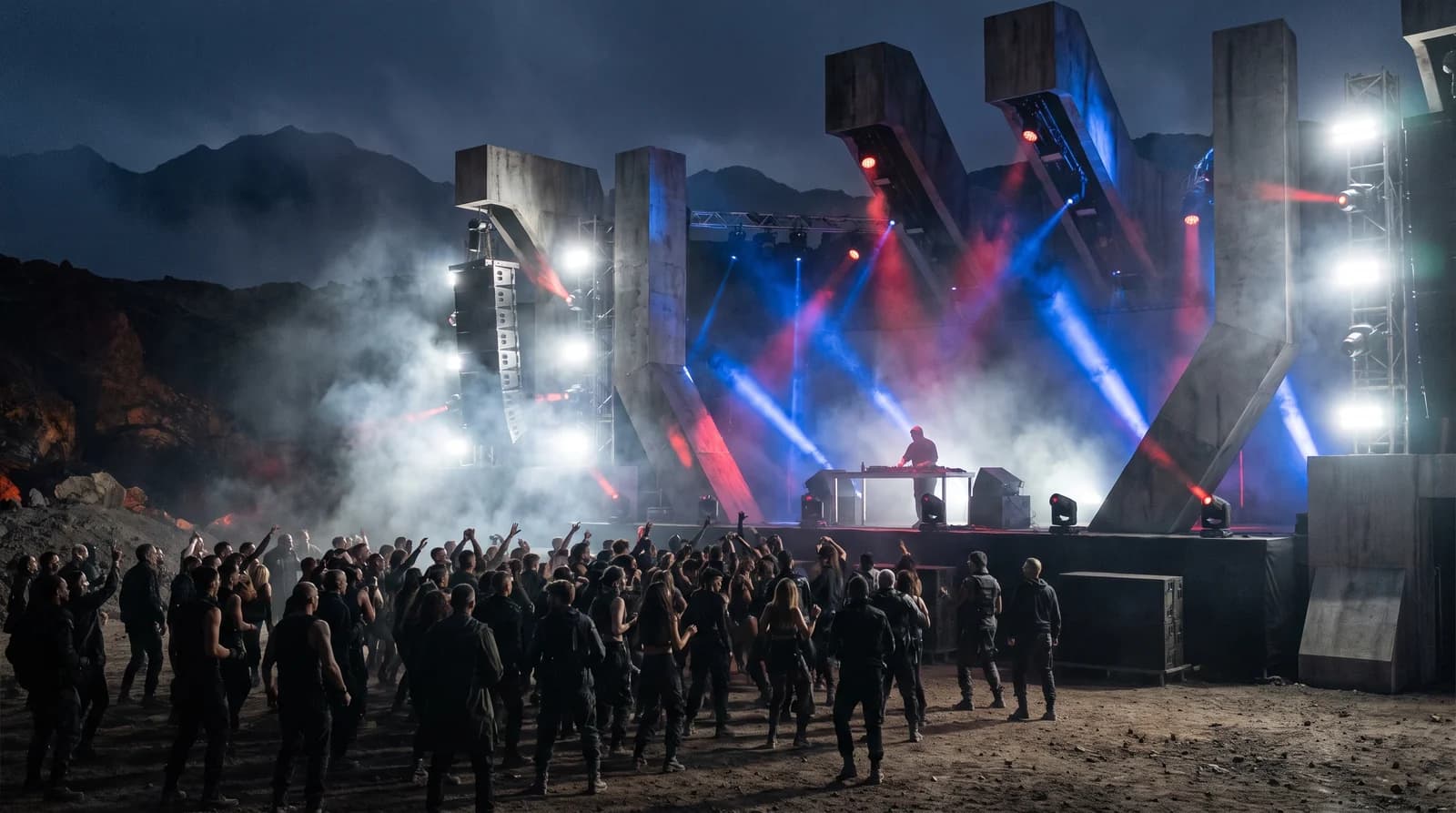 Open-air electronic festival night atmosphere