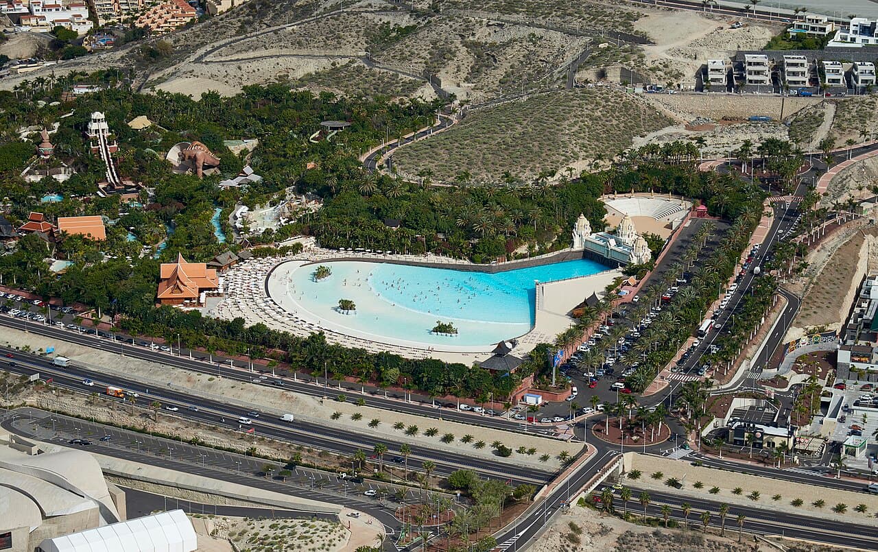 Aerial view of Siam Park water park in Costa Adeje, Tenerife