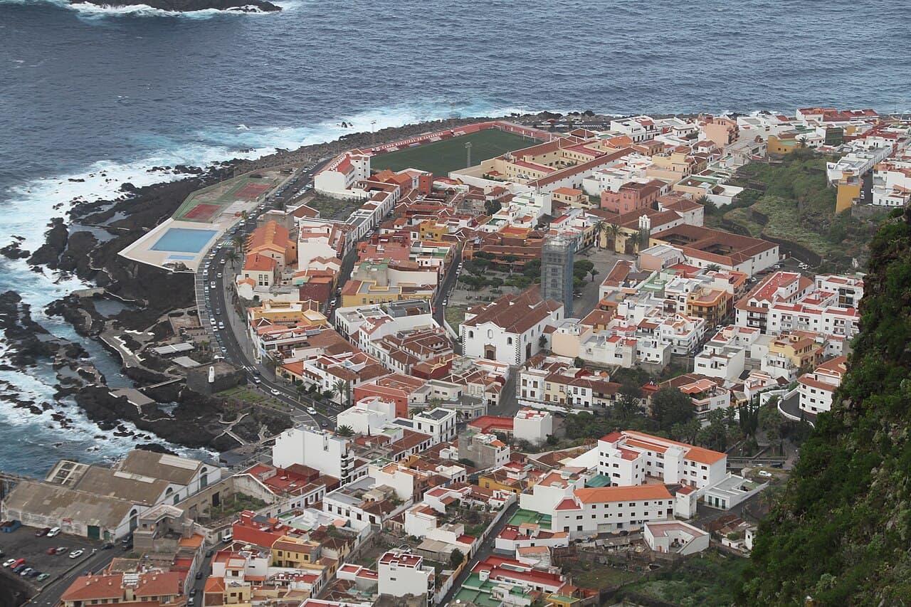 Aerial view of Garachico town and its coastal rock, northern Tenerife